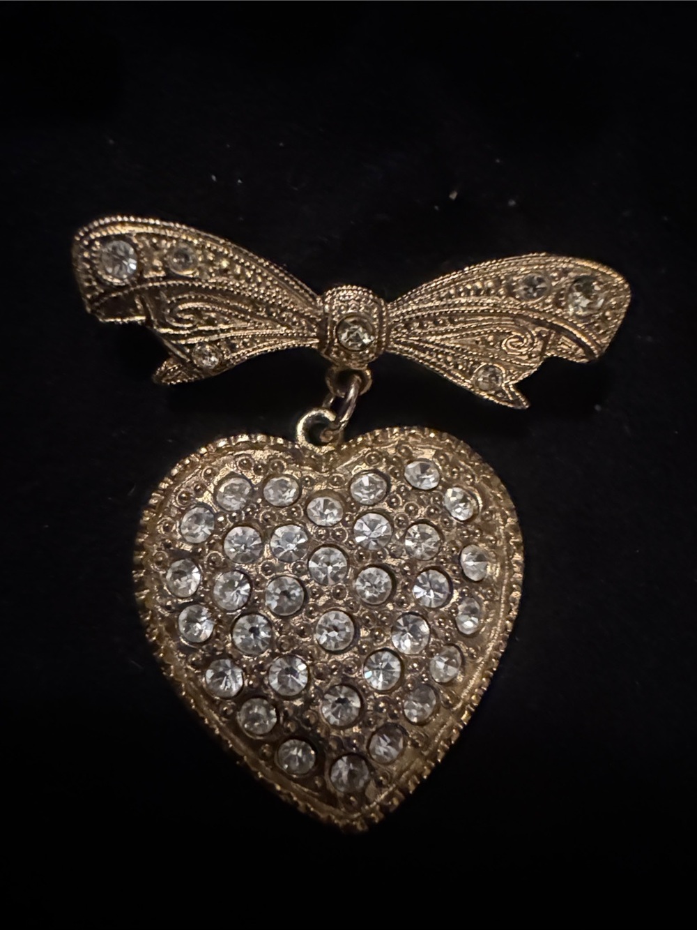1928 Gold Bow with Crystal Pave Heart Dangle Brooch